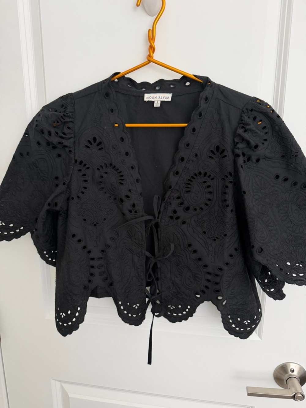 Moon River Black Eyelet Scalloped V-Neck Top